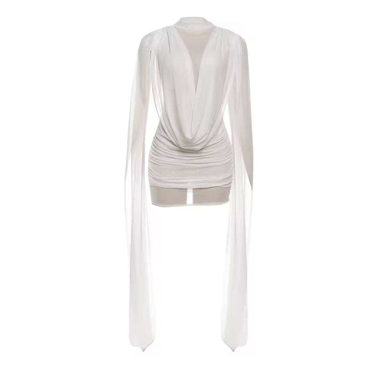 Luxury Co. Drape Goddess Mini Dress – White / Nude | Cape Sleeve Draped Mesh Mini Dress for Evening & Special Events