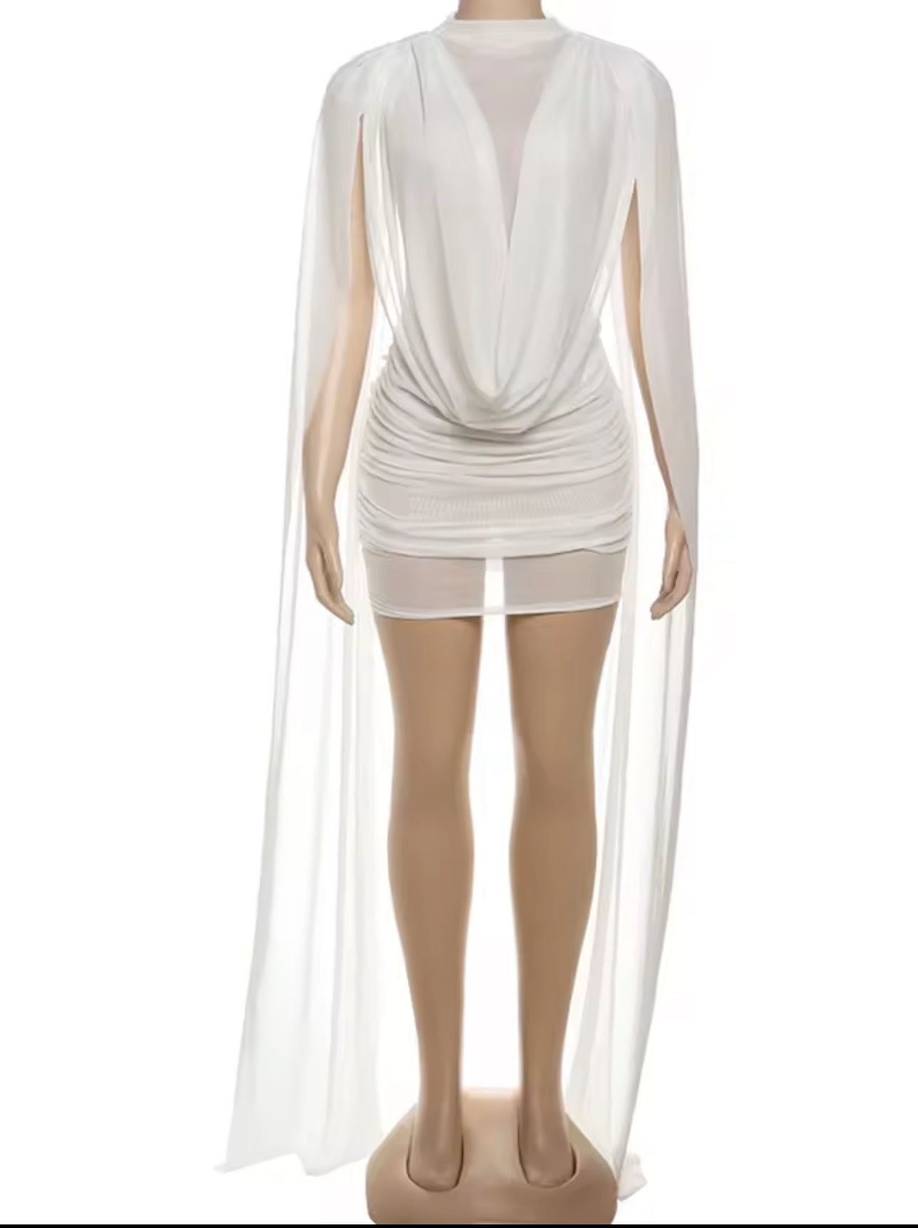Luxury Co. Drape Goddess Mini Dress – White / Nude | Cape Sleeve Draped Mesh Mini Dress for Evening & Special Events