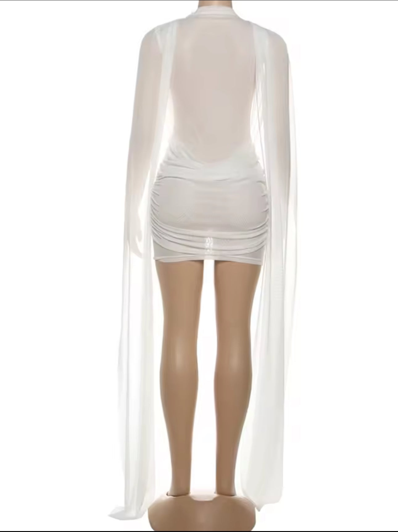 Luxury Co. Drape Goddess Mini Dress – White / Nude | Cape Sleeve Draped Mesh Mini Dress for Evening & Special Events