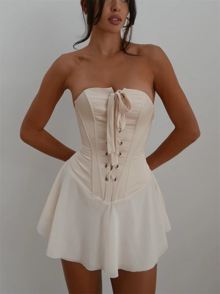 Crème Bustier lace up Corset Dress