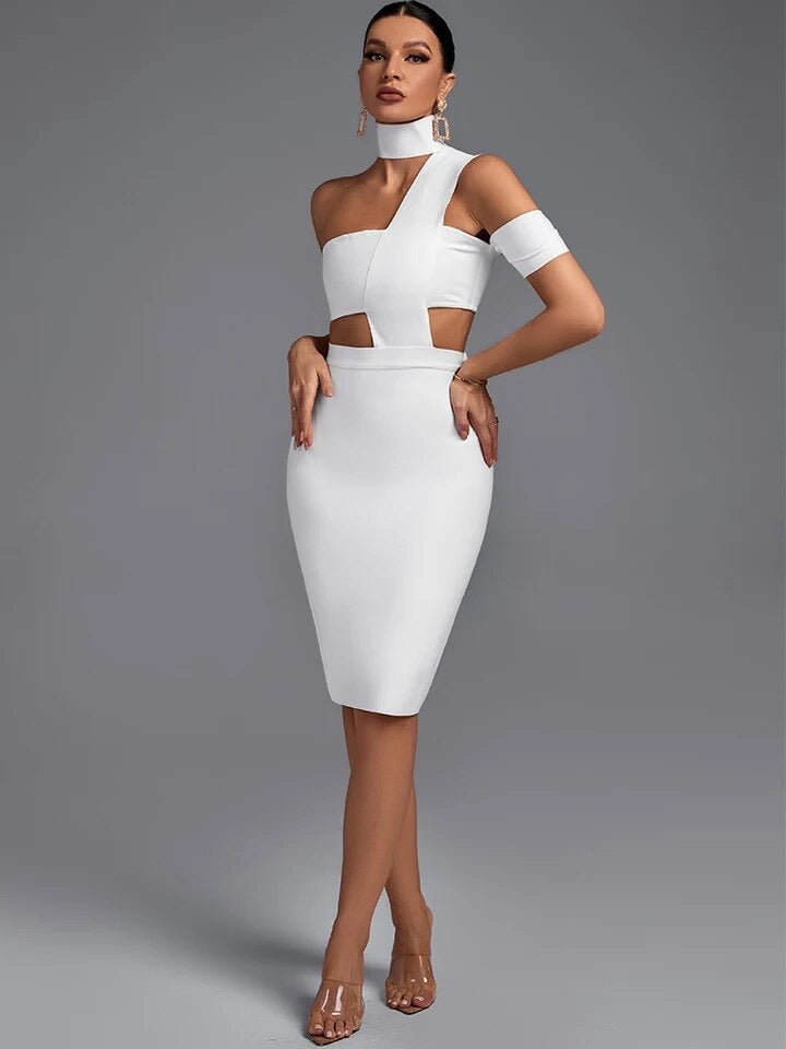 luxury white midi dress Crystal Embellished A Line Midi Dress White