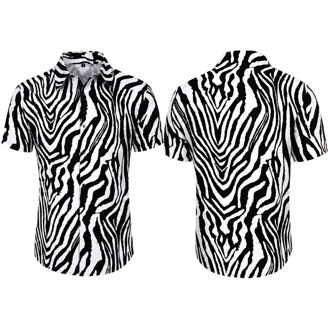 Men’s Black & White Zebra Print Short Sleeve Button-Up Shirt