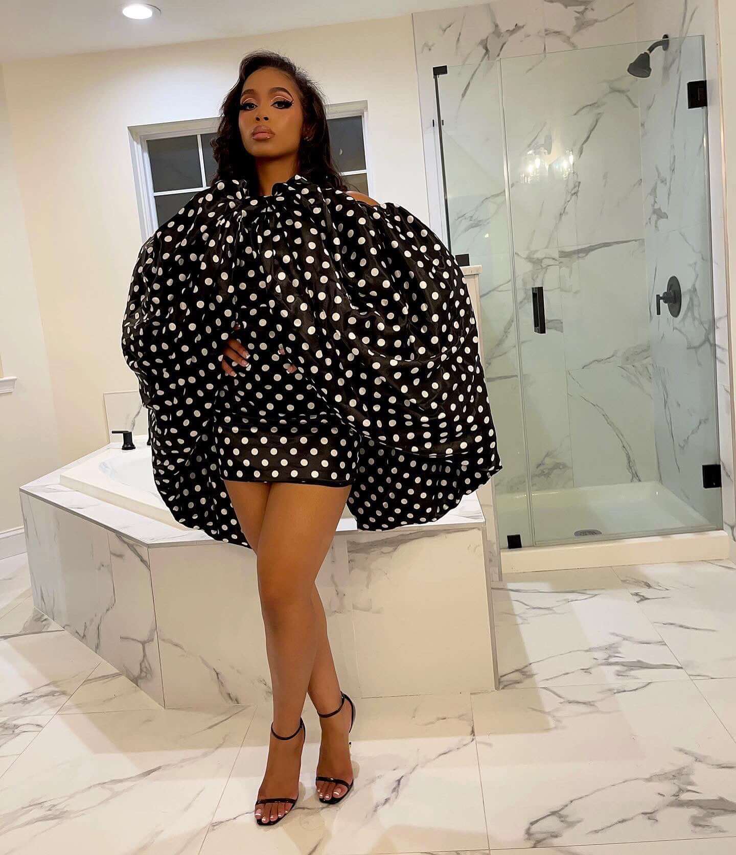 Designer Dress Chic Polka Dot Pattern Black white trophy pose