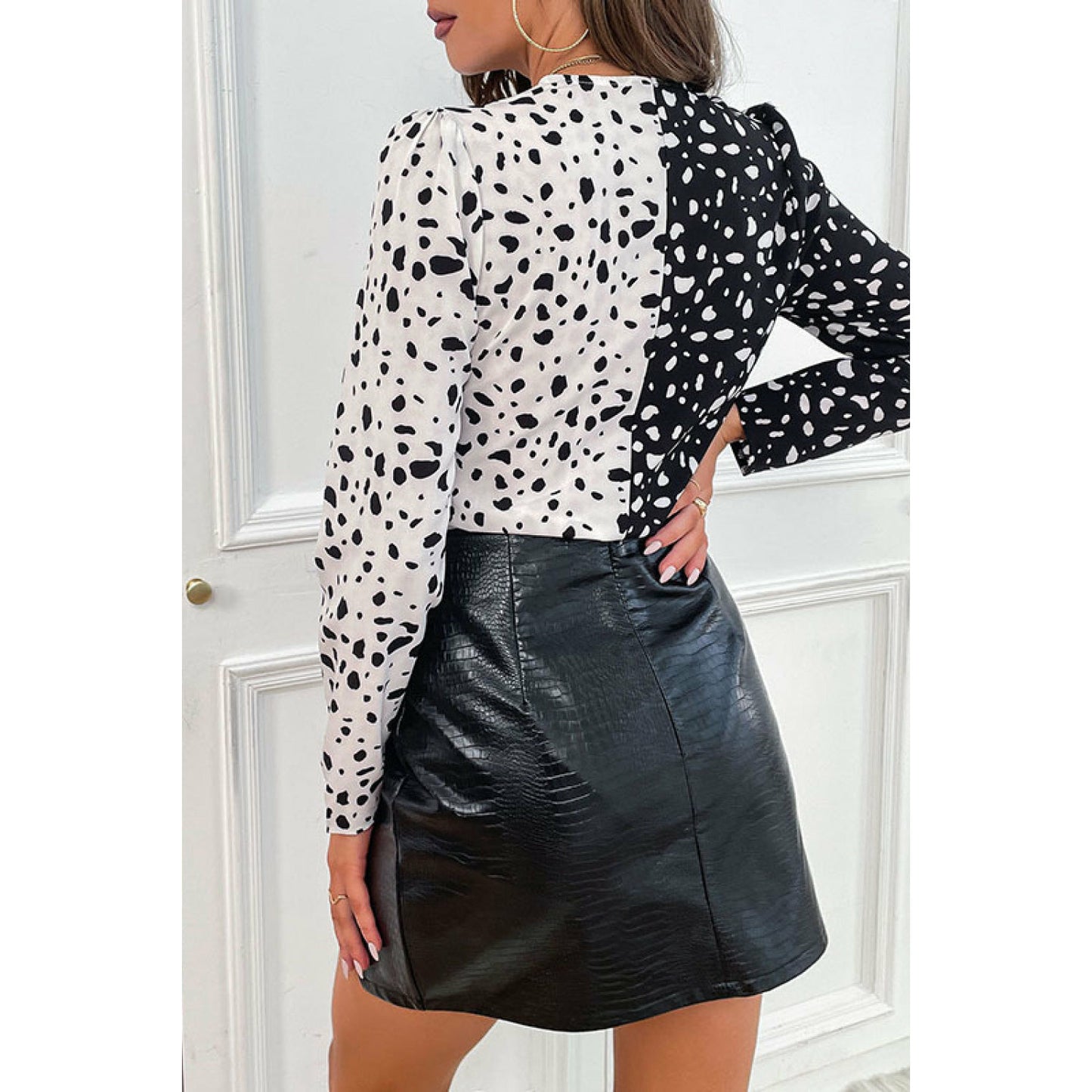 Dalmatian Print Two-Tone V-Neck Bodysuit