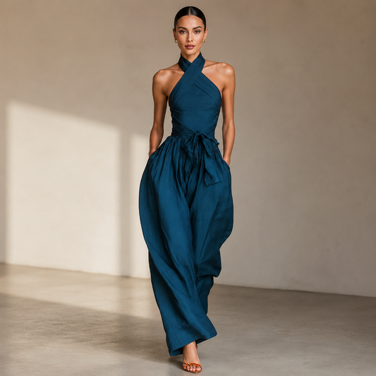 Teal Halter Wide-Leg Jumpsuit