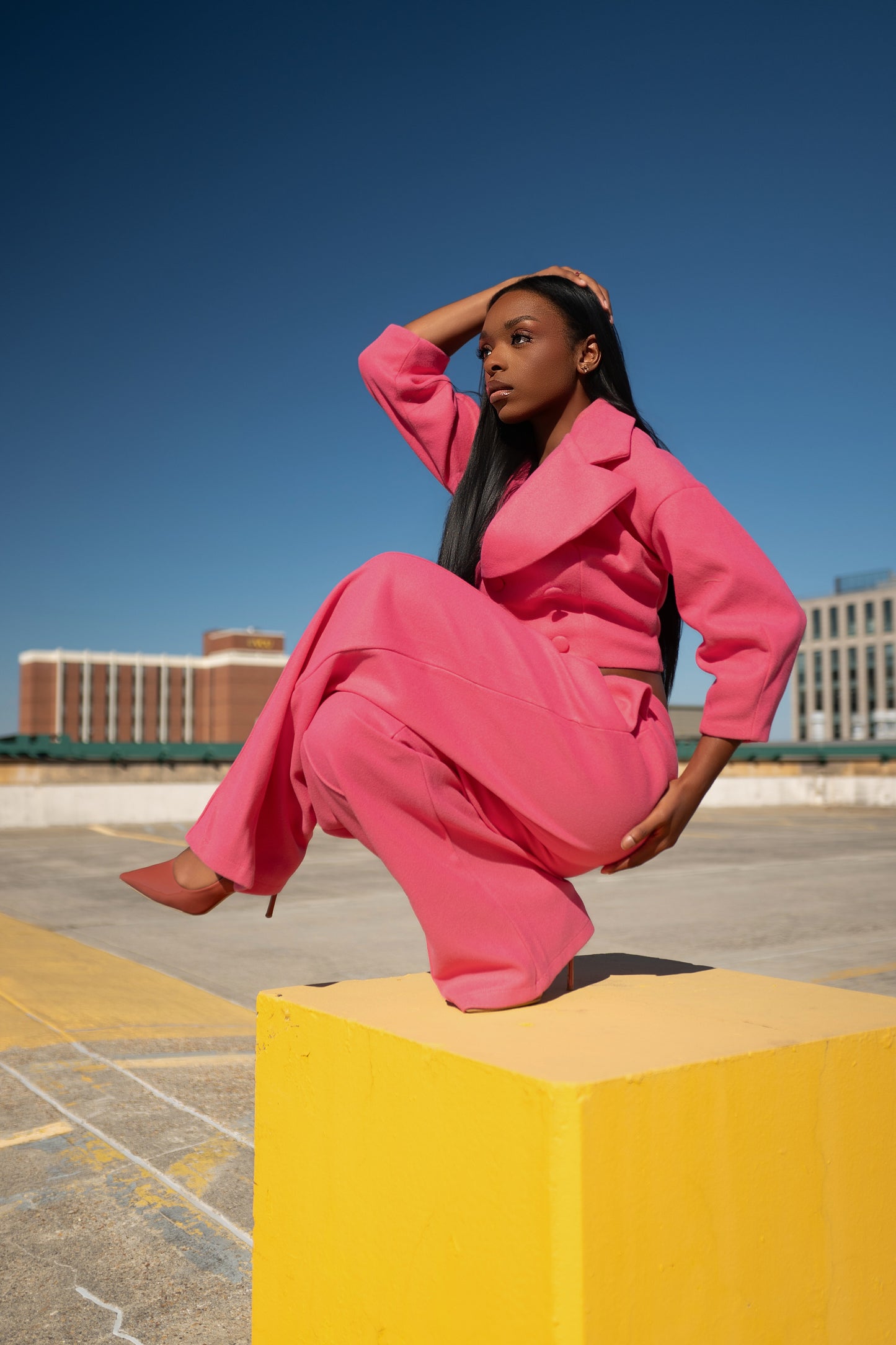 Chic High Class Suits. Wrap Jacket with flare pants.