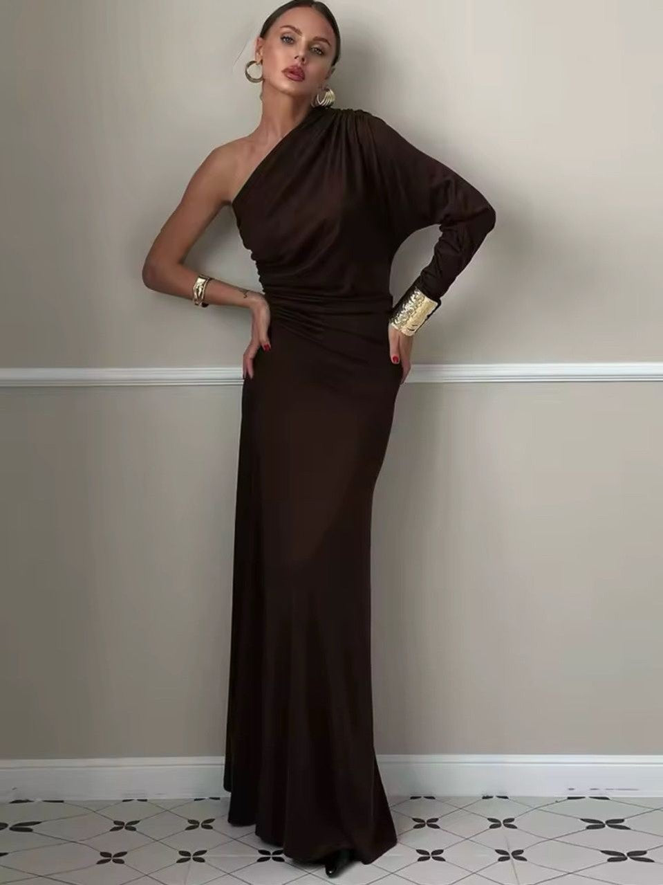 LUXURY CO.| The One-Shoulder Luxe Evening Gown – Chocolate Elegance