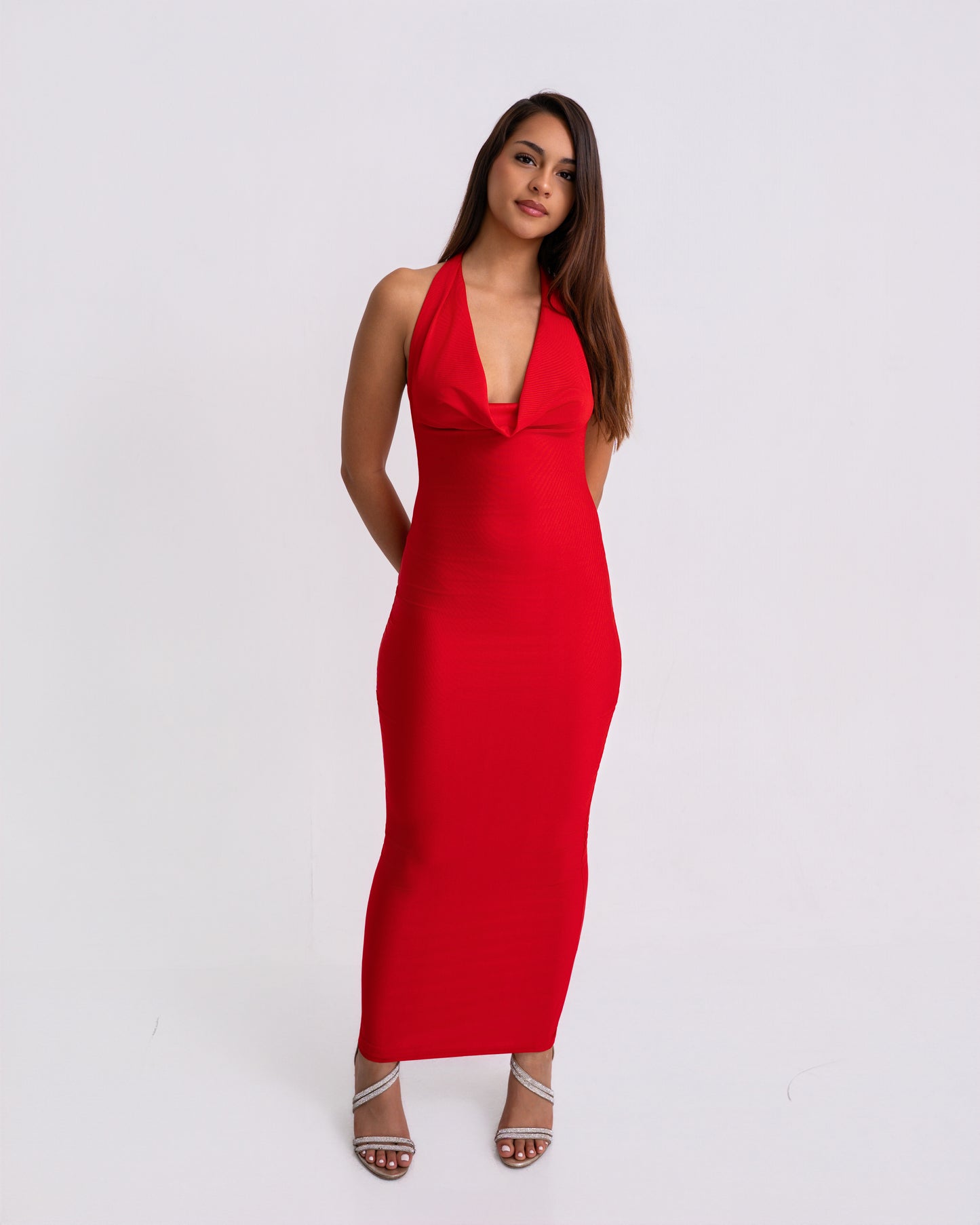 V-Neckline Satin Red Dress