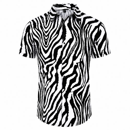 Men’s Black & White Zebra Print Short Sleeve Button-Up Shirt