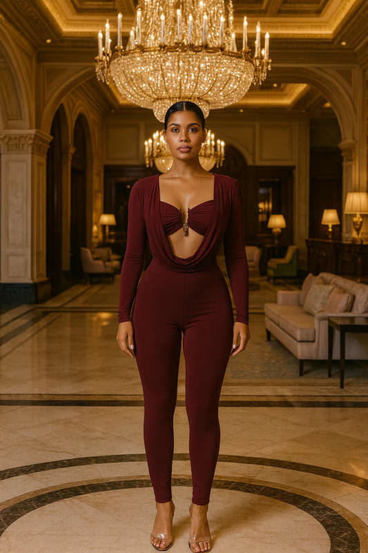 Burgundy Luxury Cutout Jumpsuit Statement Evening Wear