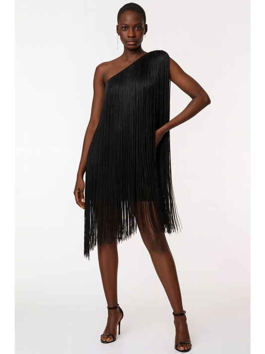 LUXURY CO.| One-Shoulder Luxe Fringe Mini Dress