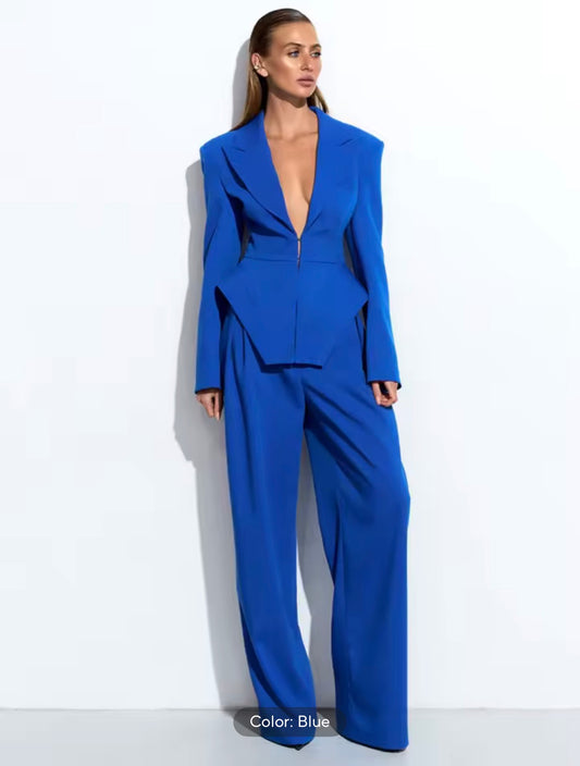 Royal Blue Women’s Power Suit Set | Blazer & Wide Leg Pants