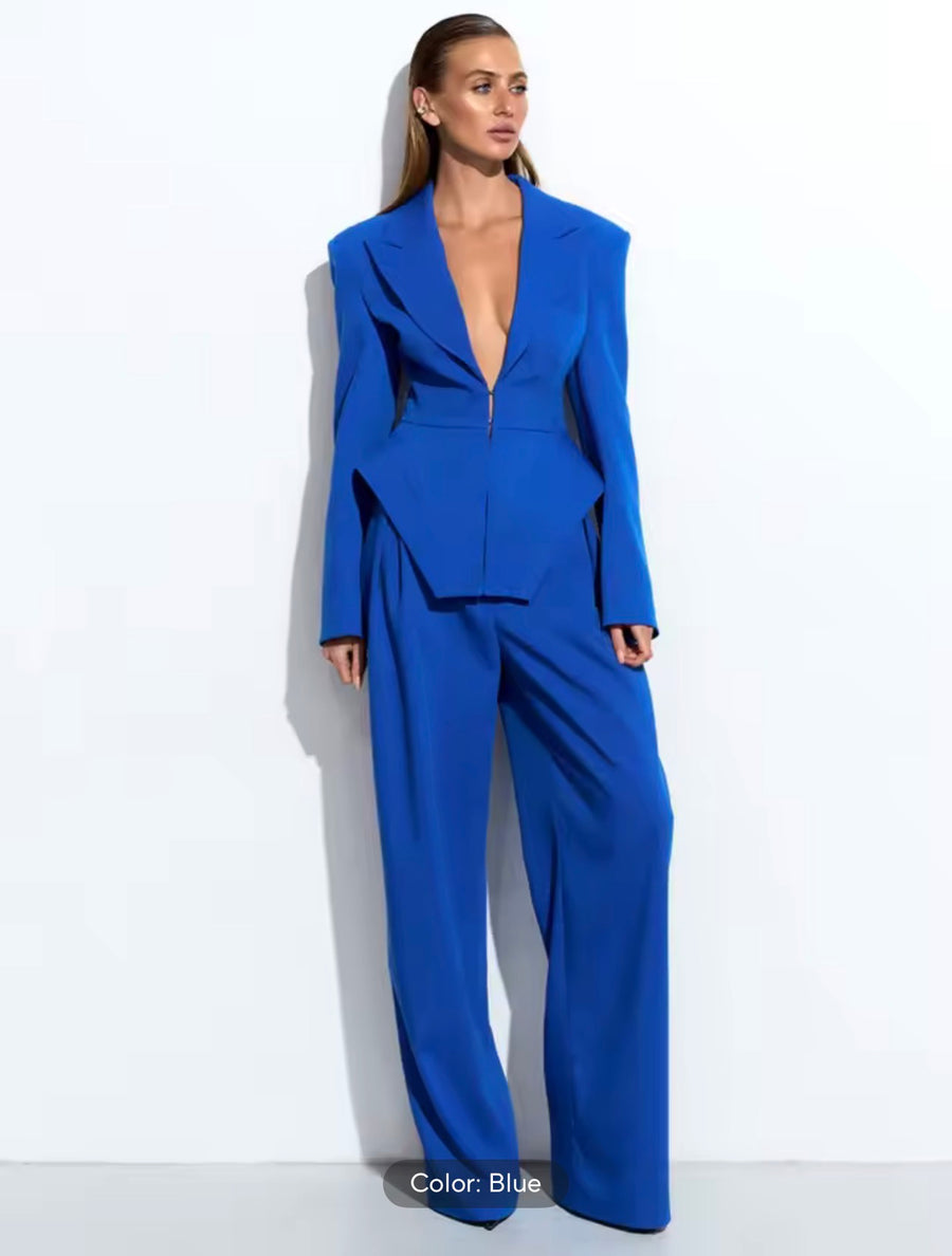 Royal Blue Women’s Power Suit Set | Blazer & Wide Leg Pants