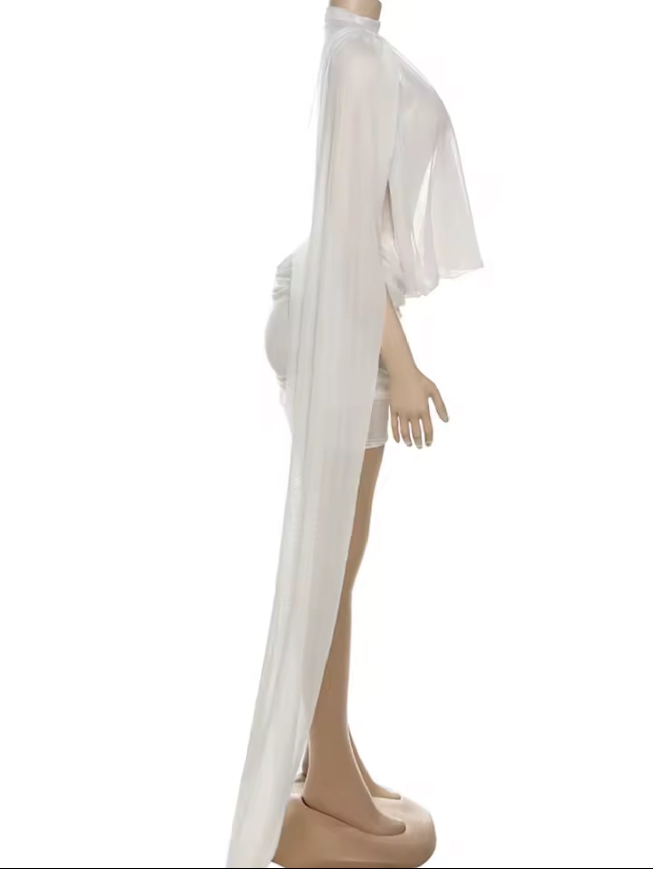 Luxury Co. Drape Goddess Mini Dress – White / Nude | Cape Sleeve Draped Mesh Mini Dress for Evening & Special Events