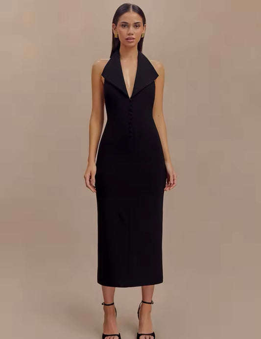 Tuxedo Collar Halter Dress