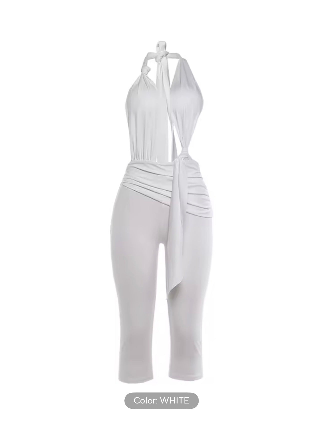 White Halter Cutout Jumpsuit – Sleeveless Capri One Piece