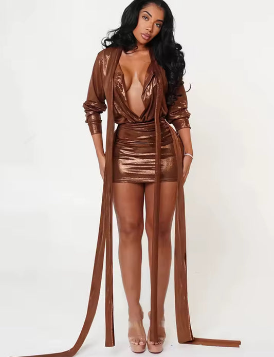 Luxury Metallic Mini Dress – Shimmering Brown & Silver Bodycon Party Dress