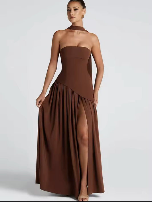 Mocha Sculpted Strapless Gown