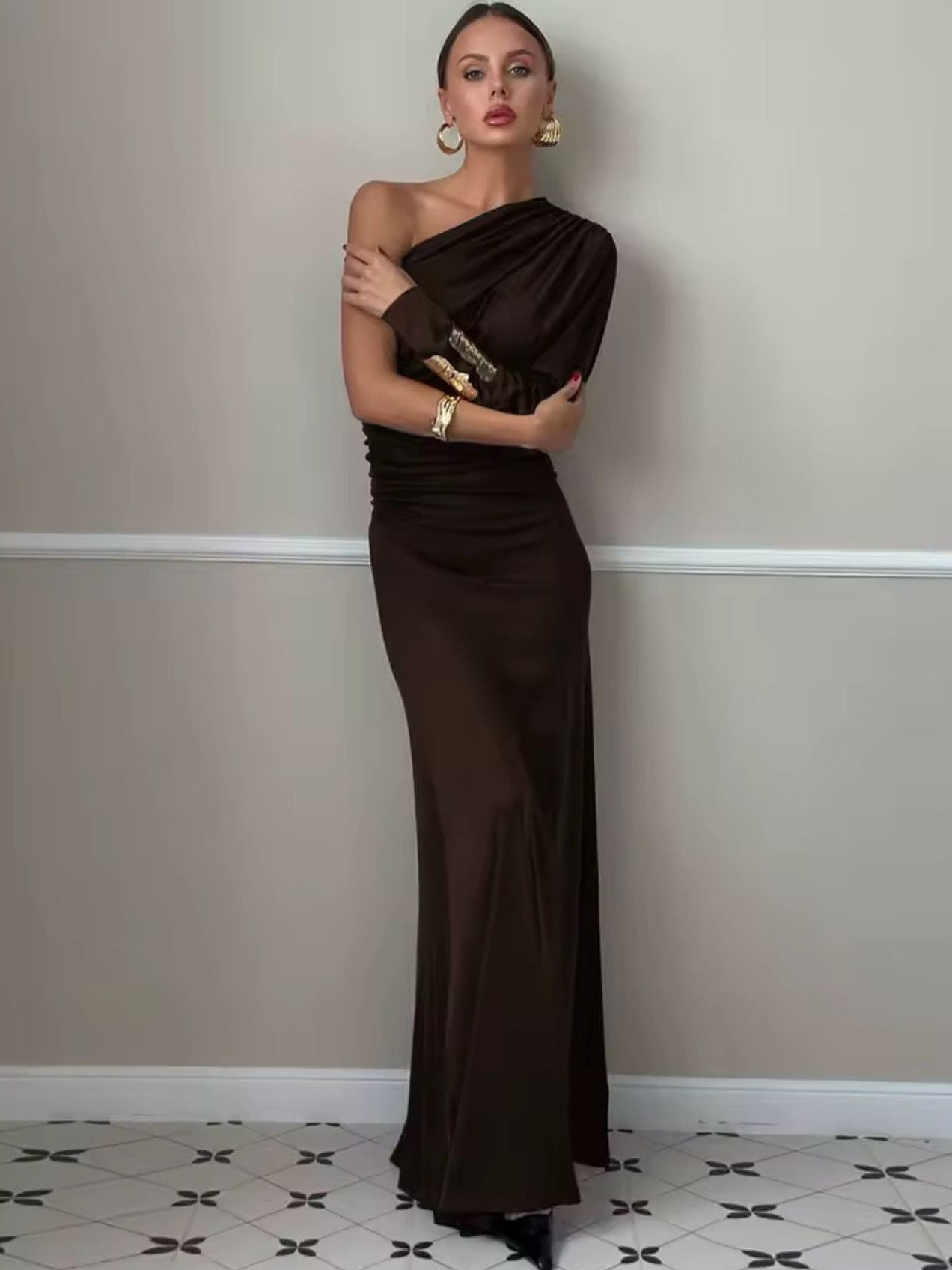 LUXURY CO.| The One-Shoulder Luxe Evening Gown – Chocolate Elegance