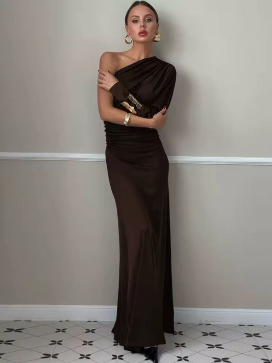 LUXURY CO.| The One-Shoulder Luxe Evening Gown – Chocolate Elegance