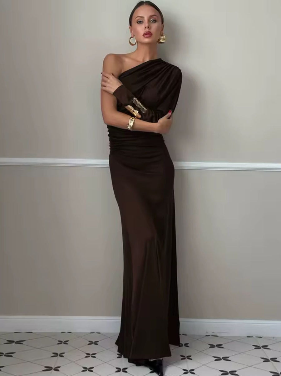 LUXURY CO.| The One-Shoulder Luxe Evening Gown – Chocolate Elegance