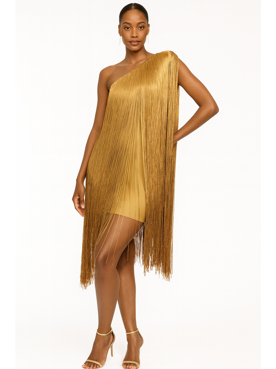 LUXURY CO.| One-Shoulder Luxe Fringe Mini Dress