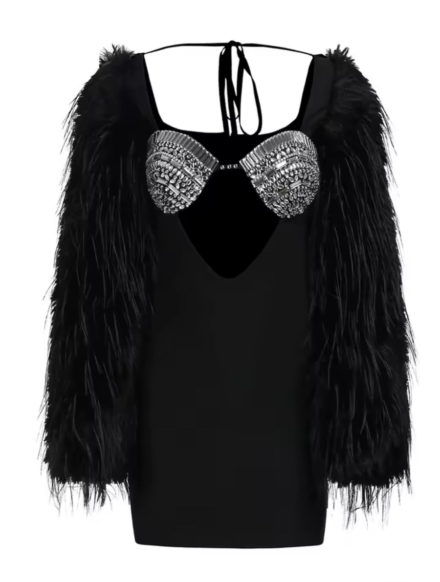 Feather and Rhinestone Mini Dress