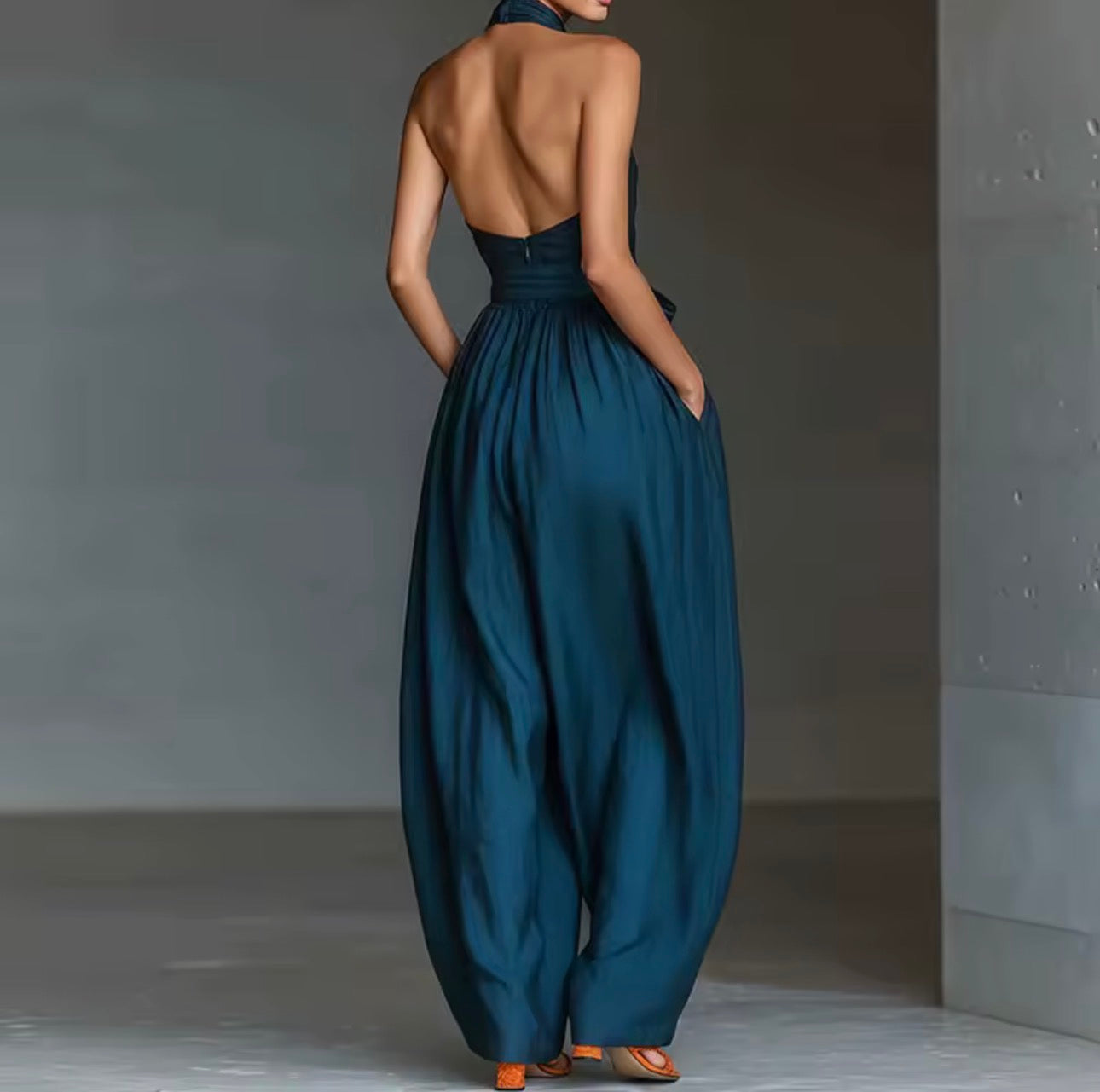 Teal Halter Wide-Leg Jumpsuit