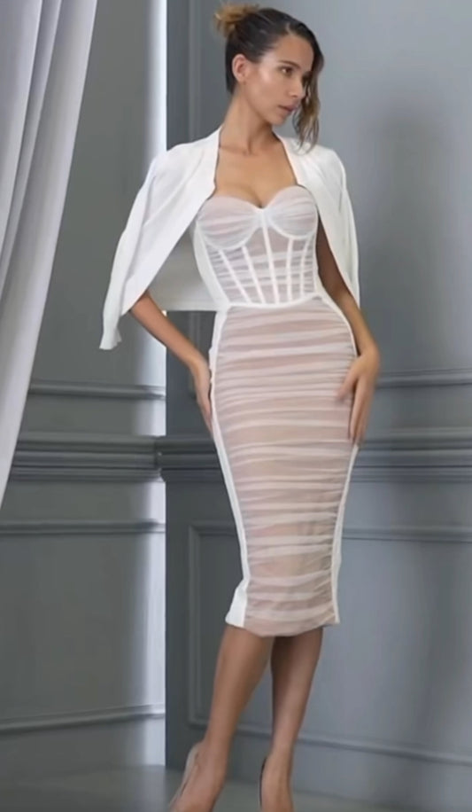 White Ruched Mesh Midi Dress