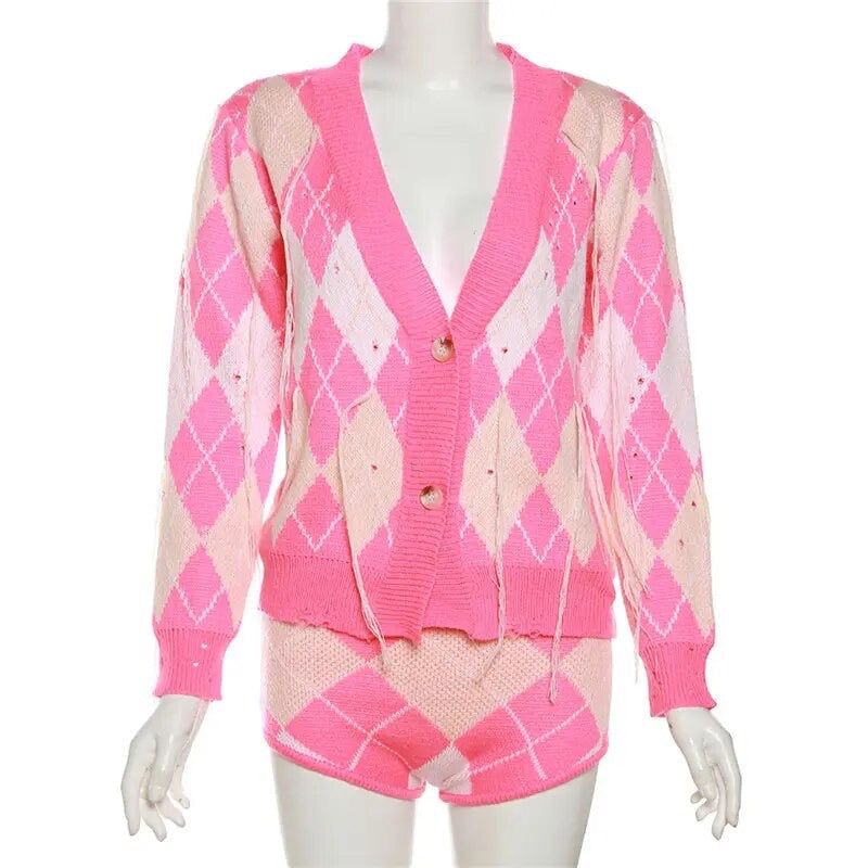 Two Piece Pink Checkered Shorts Set