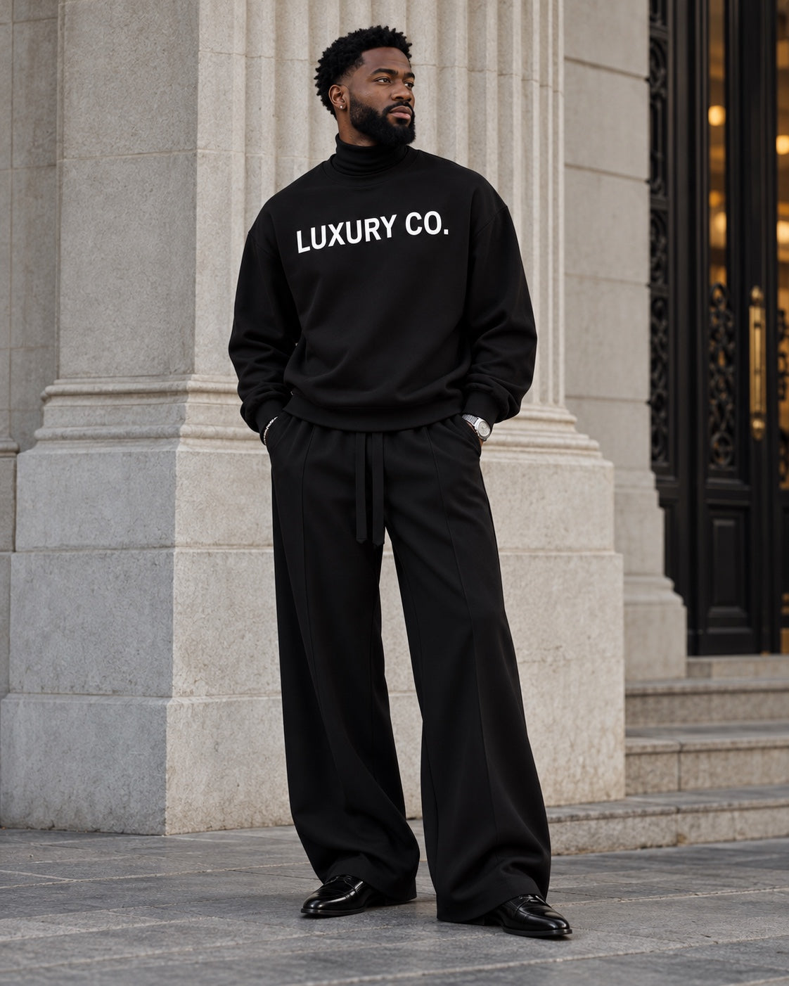 Luxury Co. burgundy crewneck and wide-leg lounge pants on male model