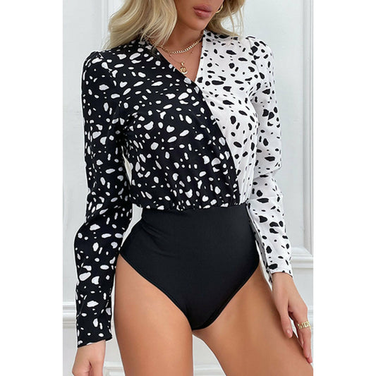 Dalmatian Print Two-Tone V-Neck Bodysuit