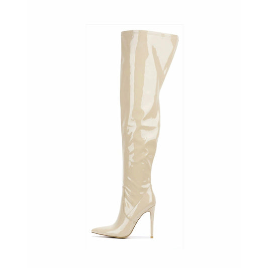 Off White/Black Pat Pointed Toe Thigh High Stiletto Boot